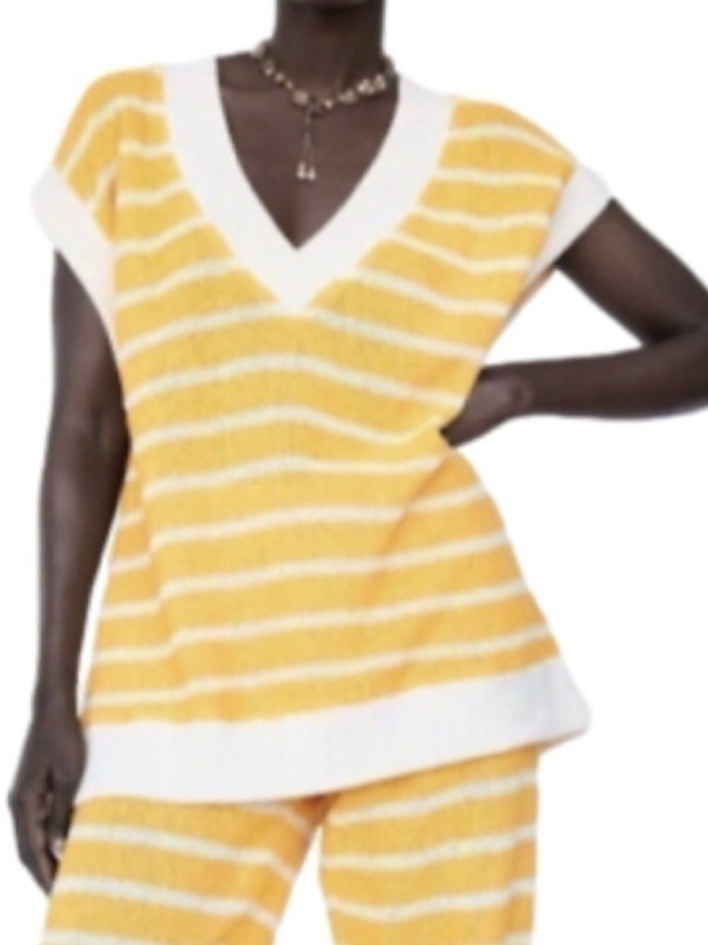 Zara Yellow & White knitted Striped V-Neck oversized Sleeveless Top-size S